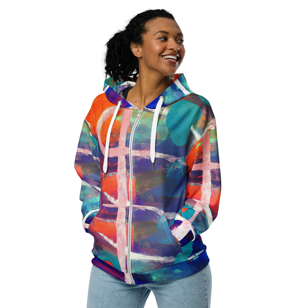 Womens Graphic Zip Hoodie Red Blue Multicolor Abstract Print