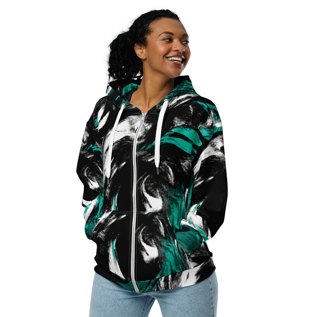Womens Graphic Zip Hoodie Black Green White Abstract Pattern