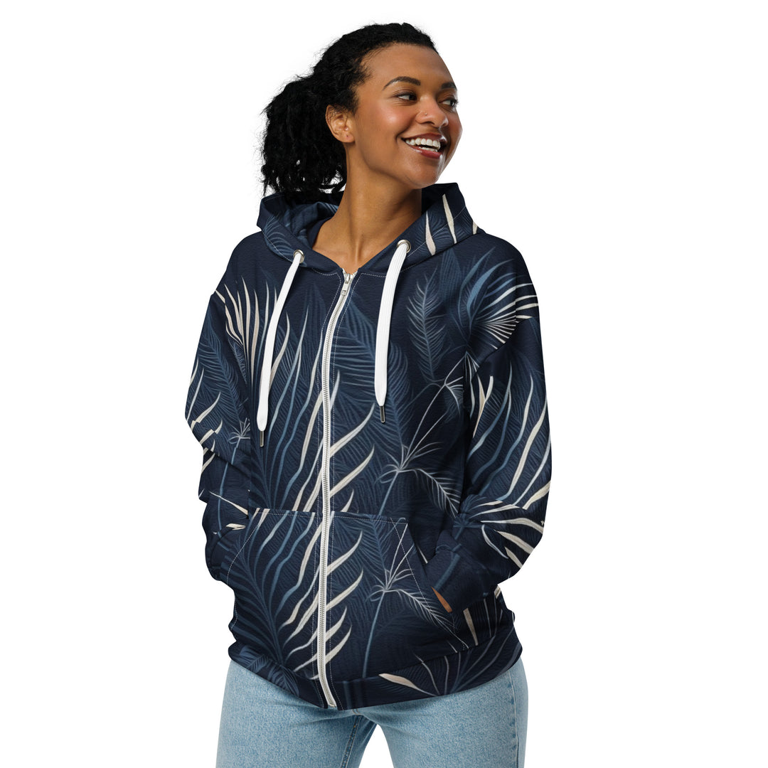 Womens Graphic Zip Hoodie Blue White Palm Leaves