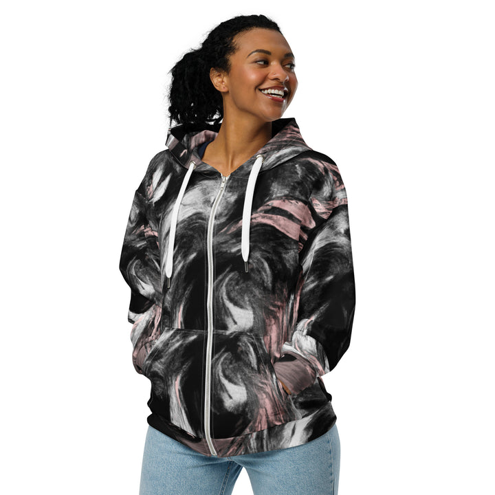 Womens Graphic Zip Hoodie Black Pink White Abstract Pattern
