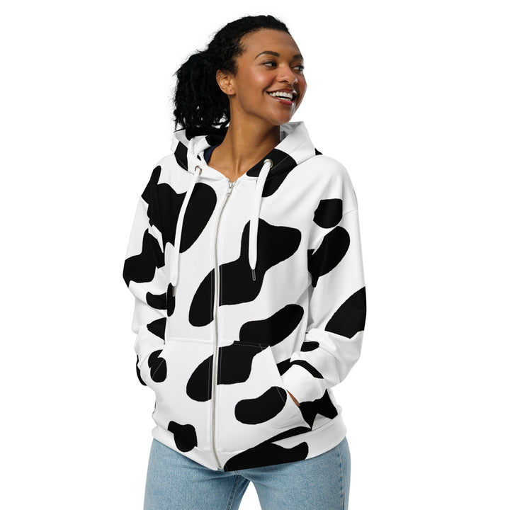 Womens Graphic Zip Hoodie Black White Cow Print