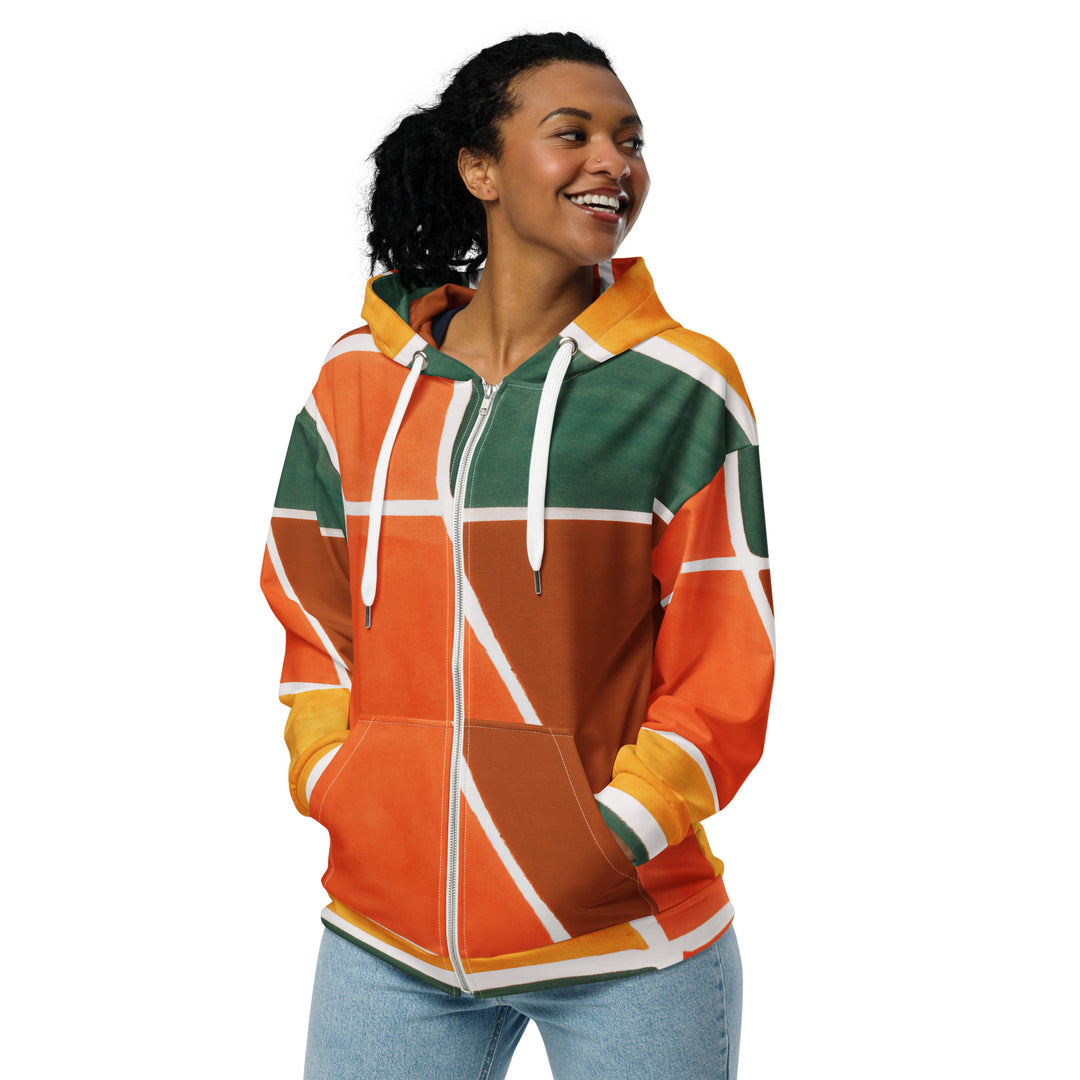 Womens Graphic Zip Hoodie Orange Green Boho Pattern