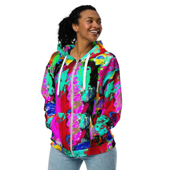 Womens Graphic Zip Hoodie Red Multicolor Abstract Print