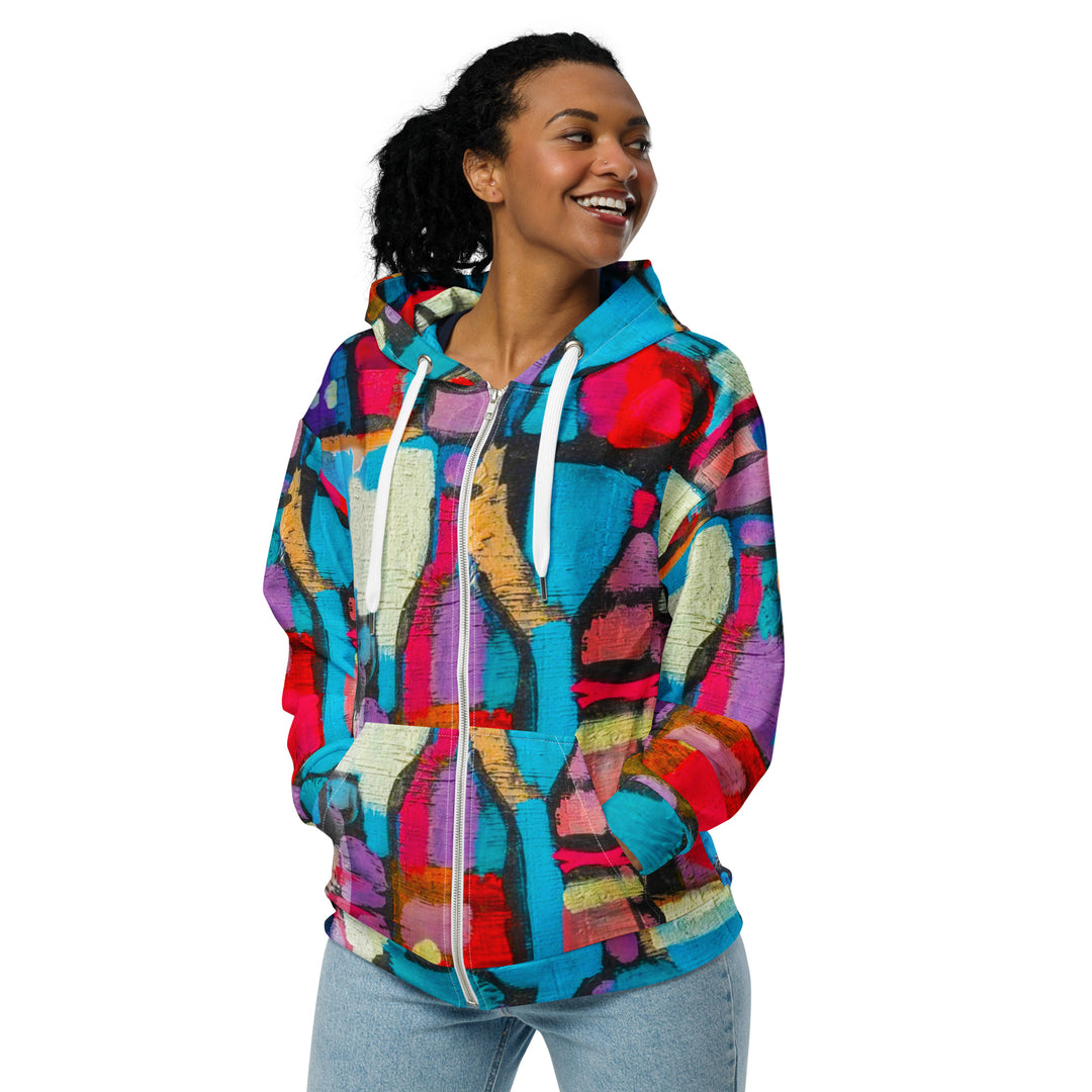 Womens Graphic Zip Hoodie Sutileza Red Multicolor Abstract Print