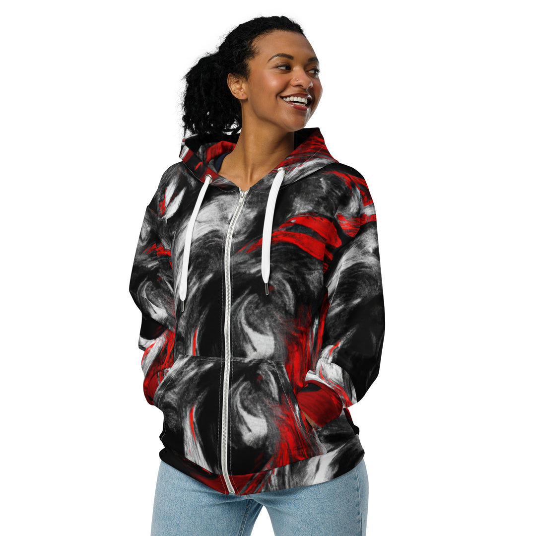 Womens Graphic Zip Hoodie Decorative Black Red White Abstract