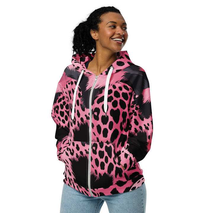 Womens Graphic Zip Hoodie Pink Black Spotted Print