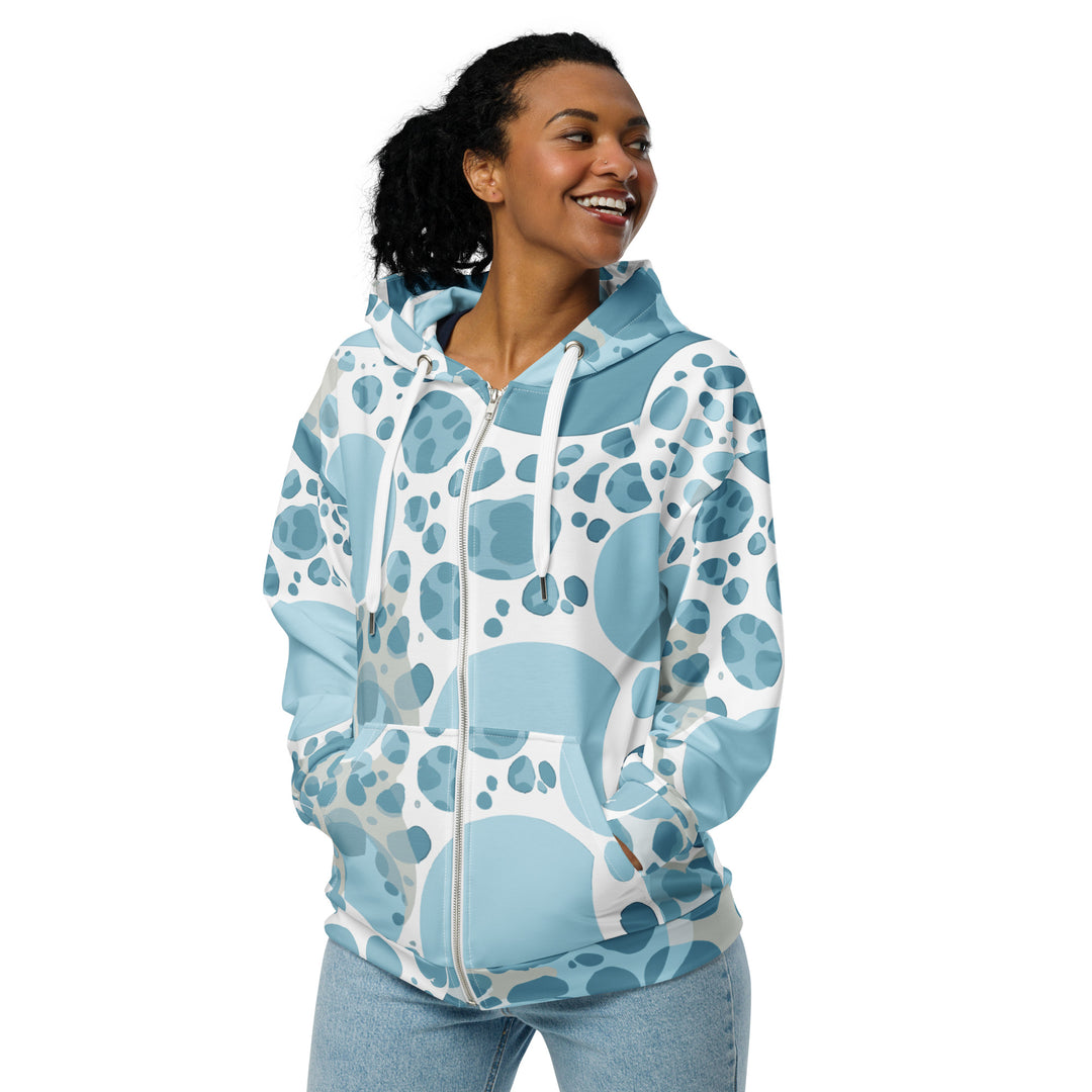 Womens Graphic Zip Hoodie Blue And White Circular Spotted Illustration
