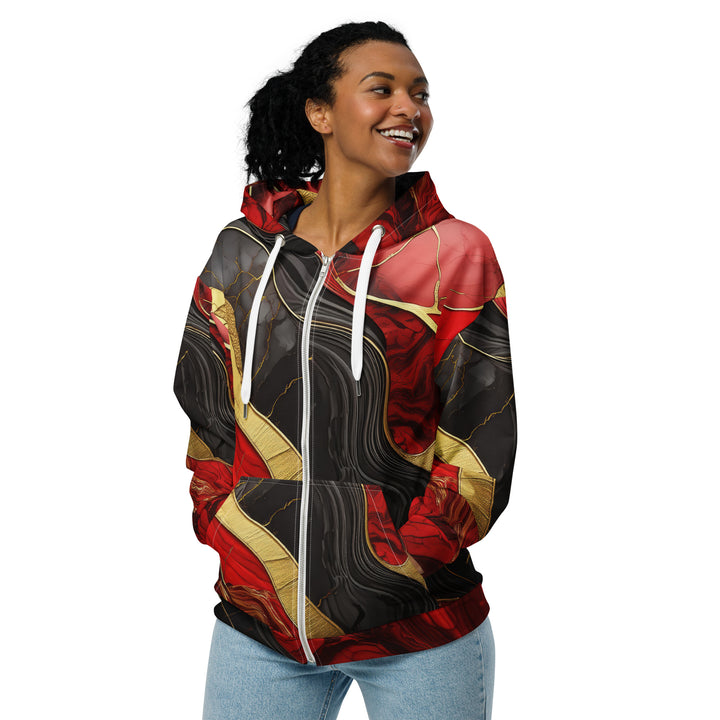 Womens Graphic Zip Hoodie Bold Red Gold Tones Print