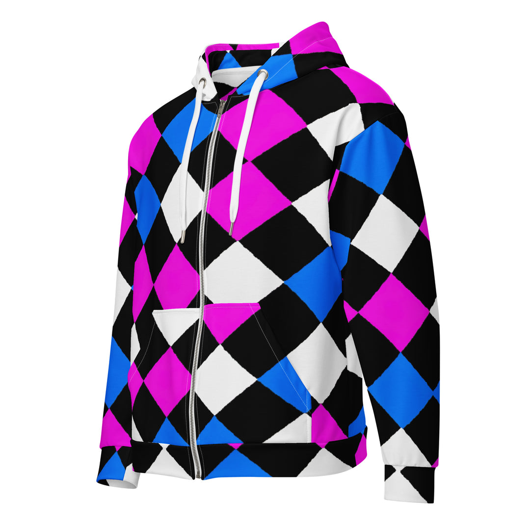 Mens Full Zip Graphic Hoodie, Pink Blue Checkered Pattern