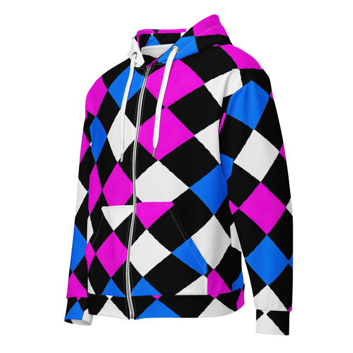 Mens Full Zip Graphic Hoodie, Pink Blue Checkered Pattern