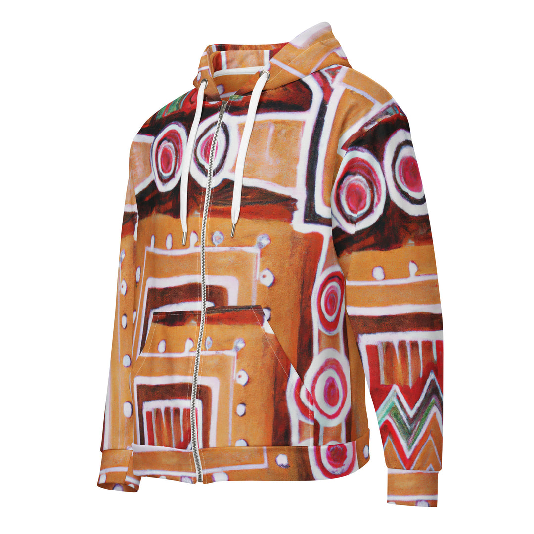 Mens Full Zip Graphic Hoodie, Brown Orange Green Aztec Pattern 2