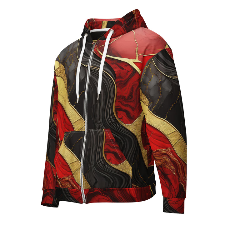 Mens Full Zip Graphic Hoodie, Bold Red Gold Tones Print