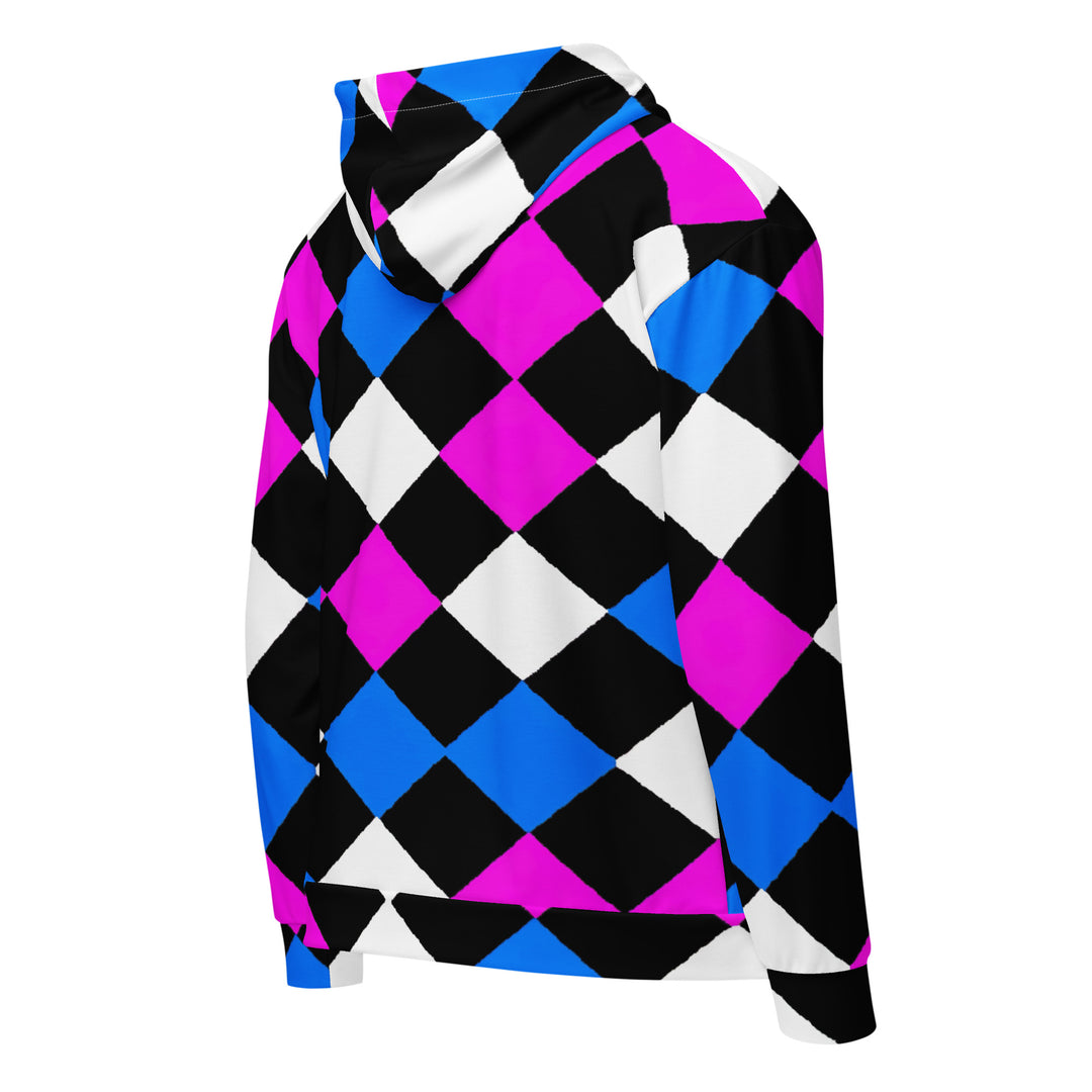 Mens Full Zip Graphic Hoodie, Pink Blue Checkered Pattern