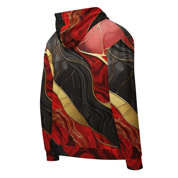 Mens Full Zip Graphic Hoodie, Bold Red Gold Tones Print