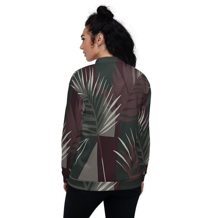 Womens Bomber Jacket, Palm Tree Leaves Maroon Green Background 2