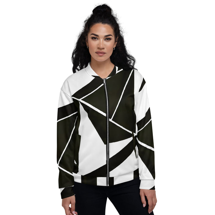 Womens Bomber Jacket, Black And White Geometric Pattern 2
