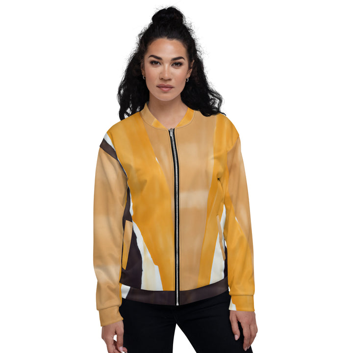 Womens Bomber Jacket, Yellow Brown Abstract Pattern 2