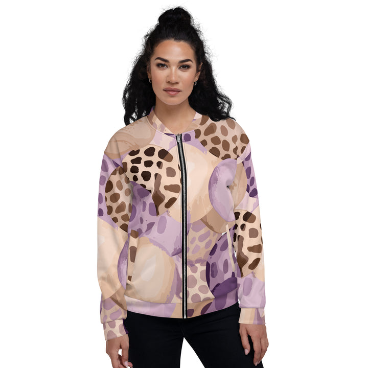 Womens Bomber Jacket, Purple Lavender And Brown Spotted Illustration 2