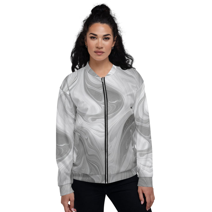 Womens Bomber Jacket, BOHO Marble Pattern White And Grey 2