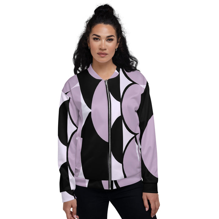 Womens Bomber Jacket, Geometric Lavender And Black Pattern 3