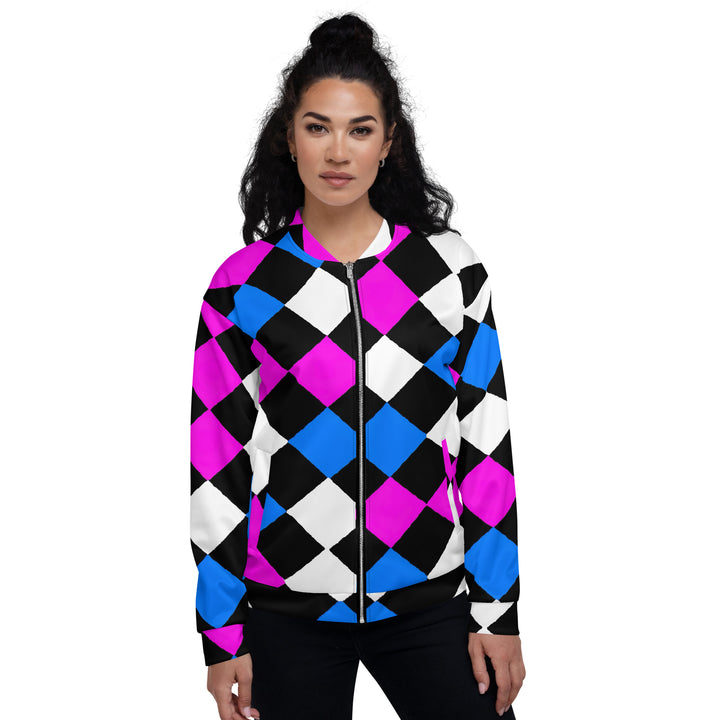 Womens Bomber Jacket, Pink Blue Checkered Pattern 2