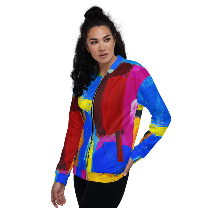 Womens Bomber Jacket, Blue Red Abstract Pattern 2