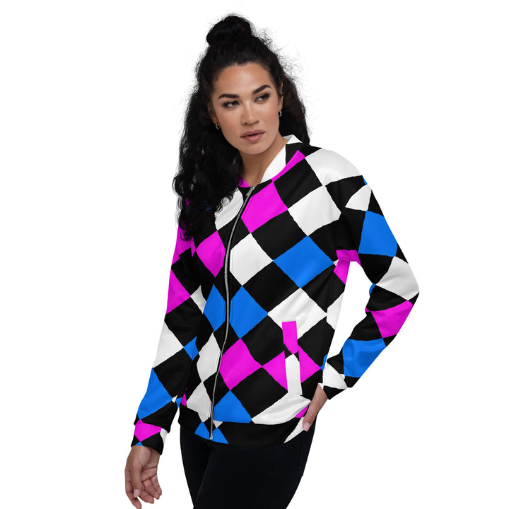 Womens Bomber Jacket, Pink Blue Checkered Pattern 2