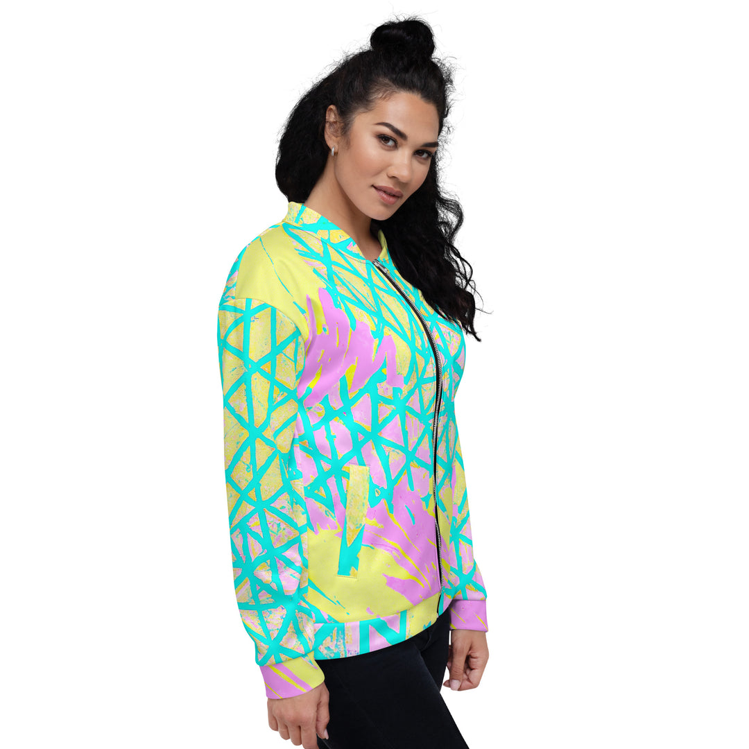 Womens Bomber Jacket, Cyan Blue Lime Green And Pink Pattern 2