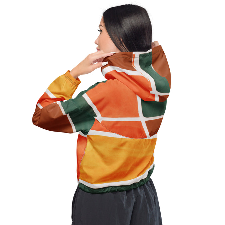 Womens Cropped Windbreaker Jacket, Orange Green Boho Pattern