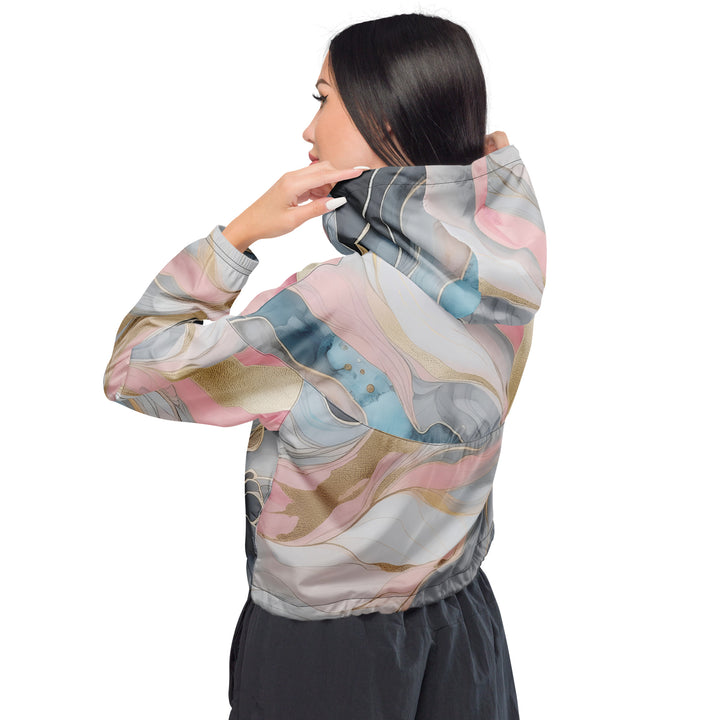 Womens Cropped Windbreaker Jacket, Marble Cloud Of Grey Pink Blue 2