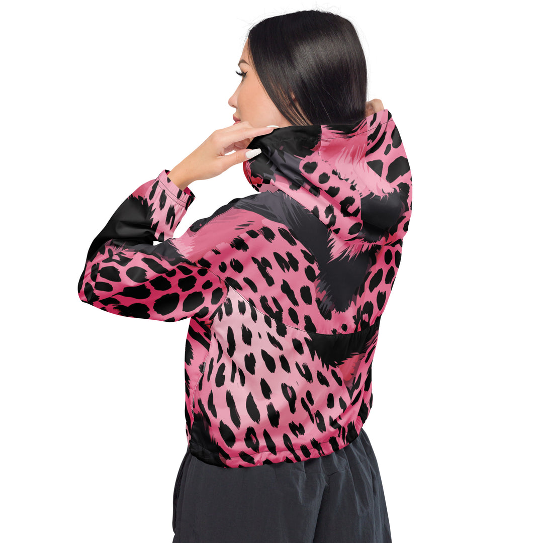 Womens Cropped Windbreaker Jacket, Pink And Black Spotted Illustration