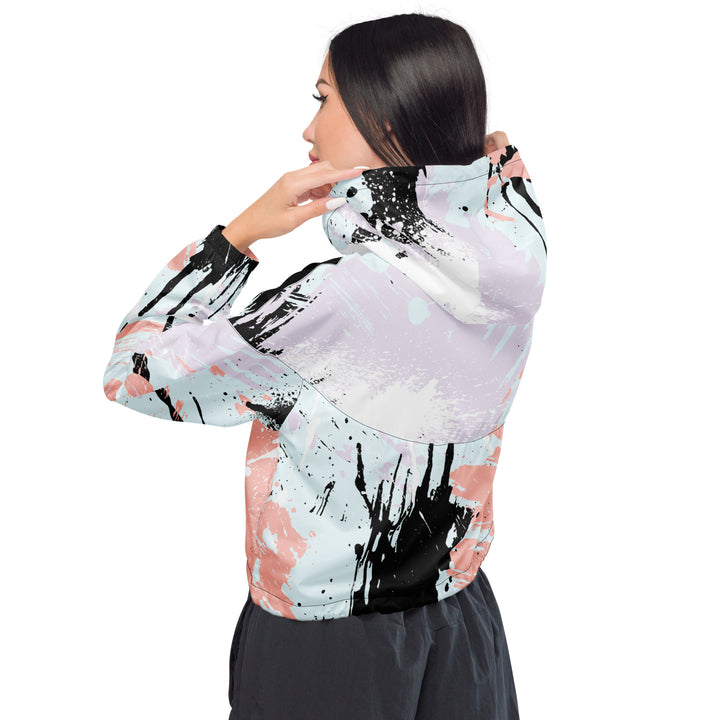 Womens Cropped Windbreaker Jacket, Pink Black Abstract Pattern