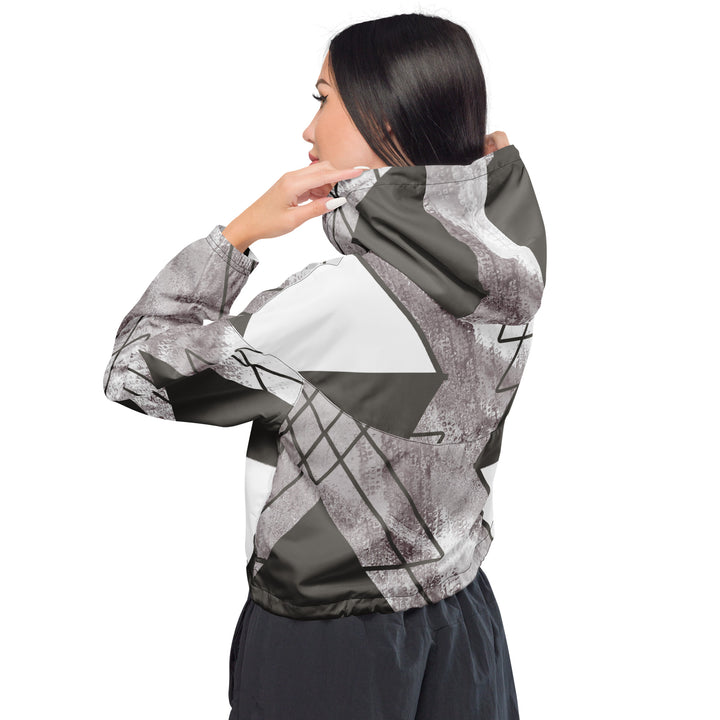 Womens Cropped Windbreaker Jacket, Ash Grey And White Triangular