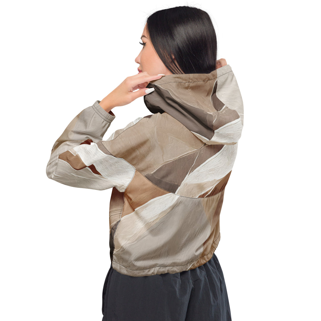 Womens Cropped Windbreaker Jacket, Abstract Taupe Brown Textured