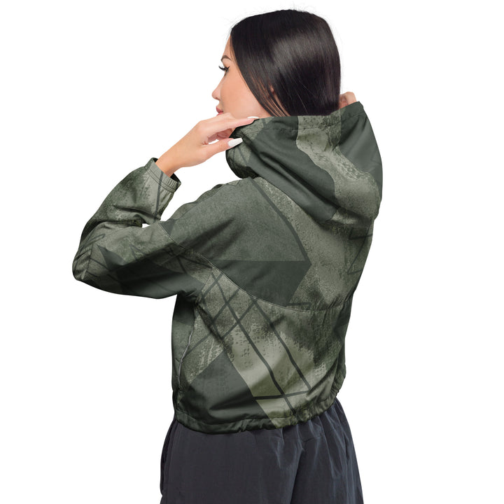 Womens Cropped Windbreaker Jacket, Olive Green Triangular Colorblock
