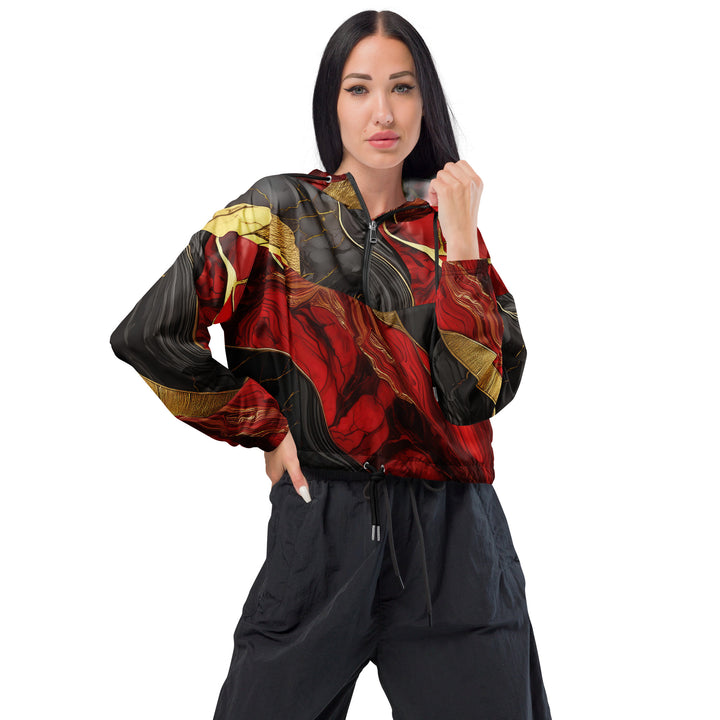 Womens Cropped Windbreaker Jacket, Bold Colorful Print With Gold