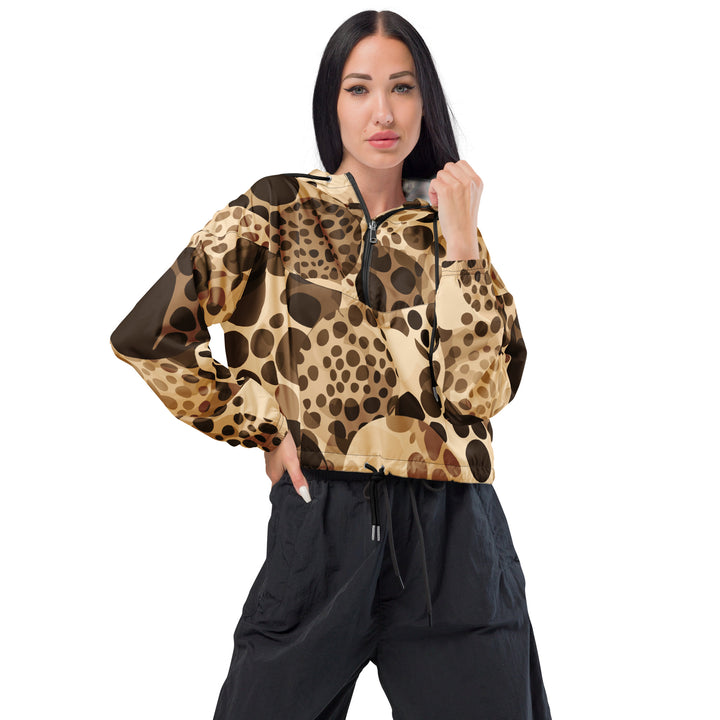 Womens Cropped Windbreaker Jacket, Beige And Brown Leopard Spots