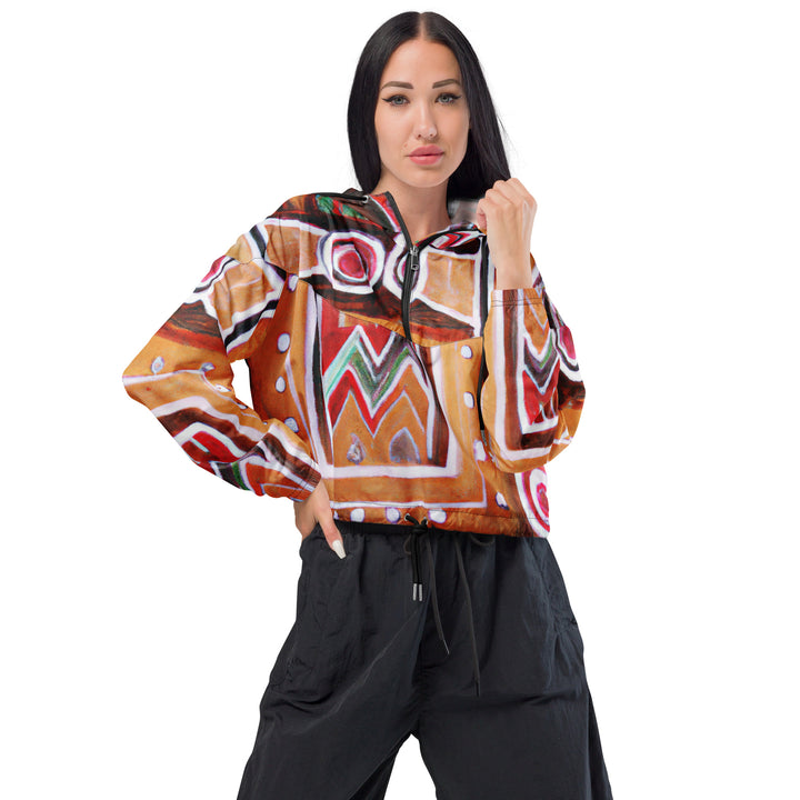 Womens Cropped Windbreaker Jacket, Brown Orange Green Aztec Pattern