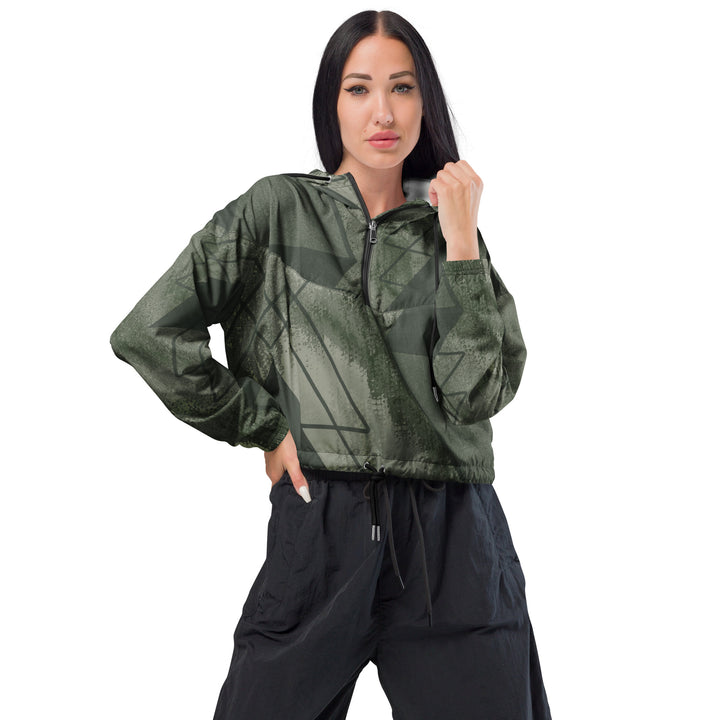 Womens Cropped Windbreaker Jacket, Olive Green Triangular Colorblock
