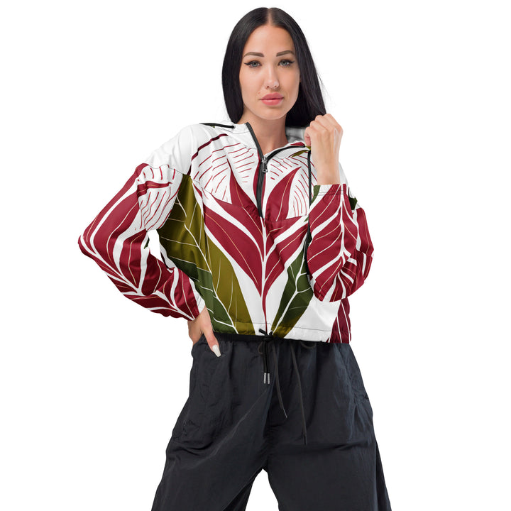 Womens Cropped Windbreaker Jacket, Floral Line Art Print 8333