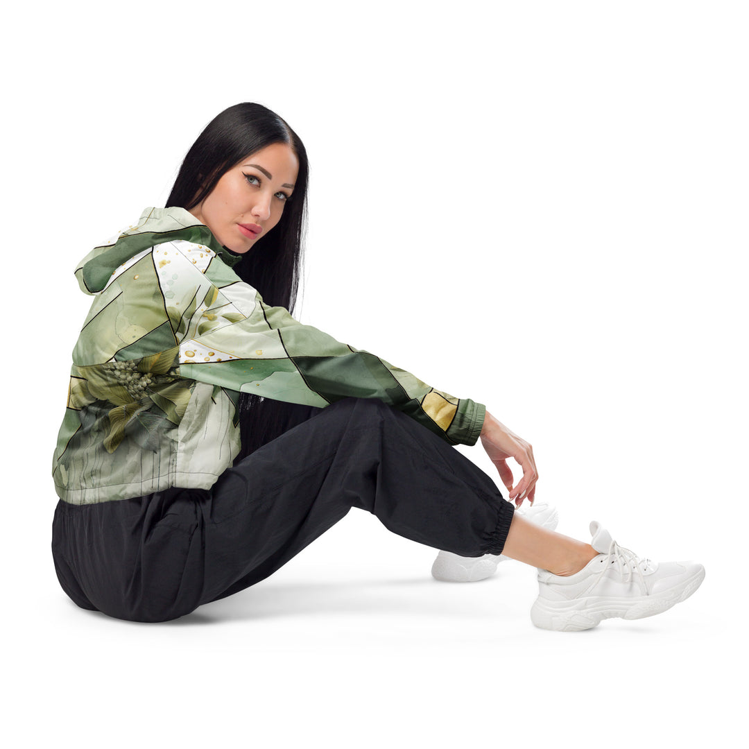 Womens Cropped Windbreaker Jacket, Olive Green Mint Leaf Geometric