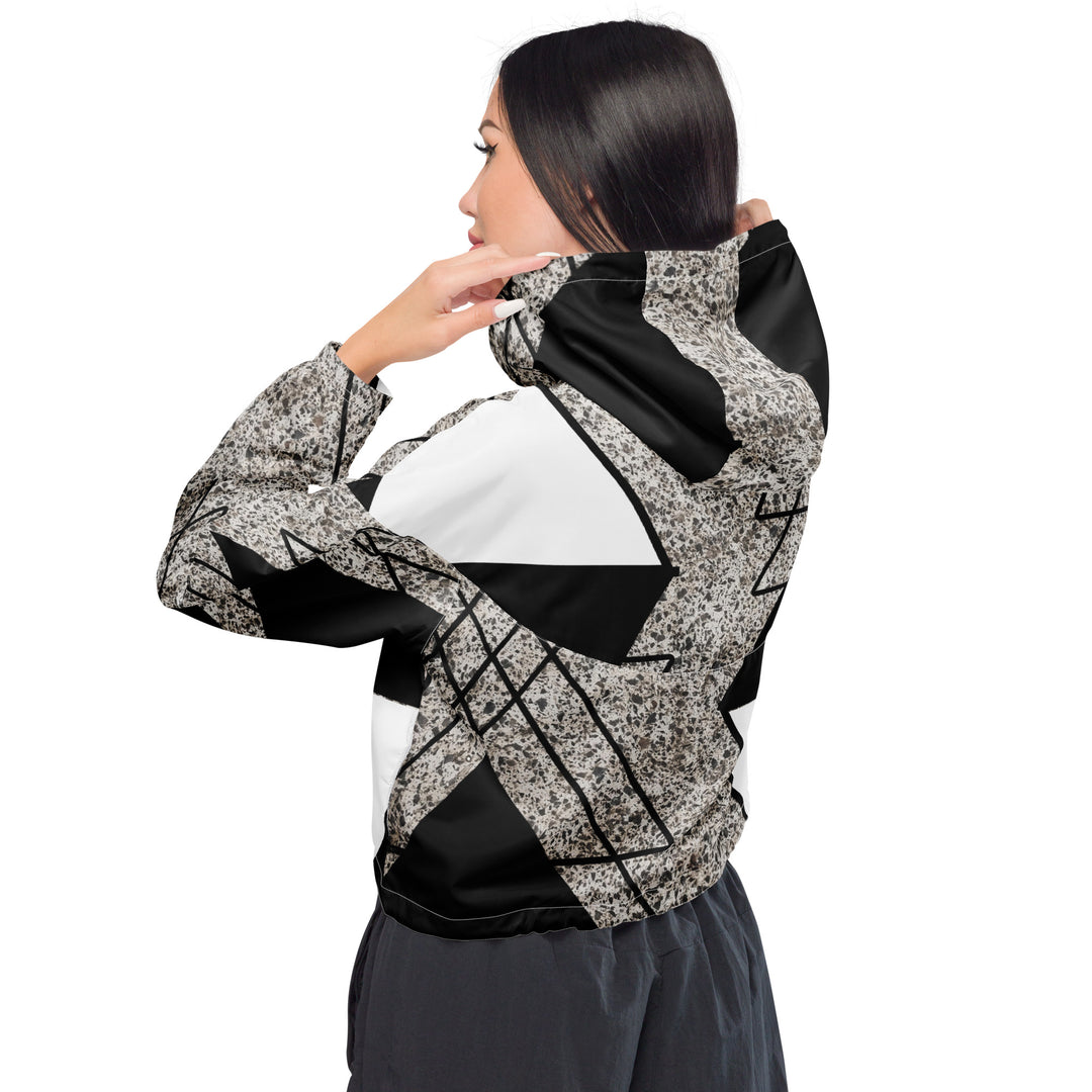 Womens Cropped Windbreaker Jacket, Black And White Triangular