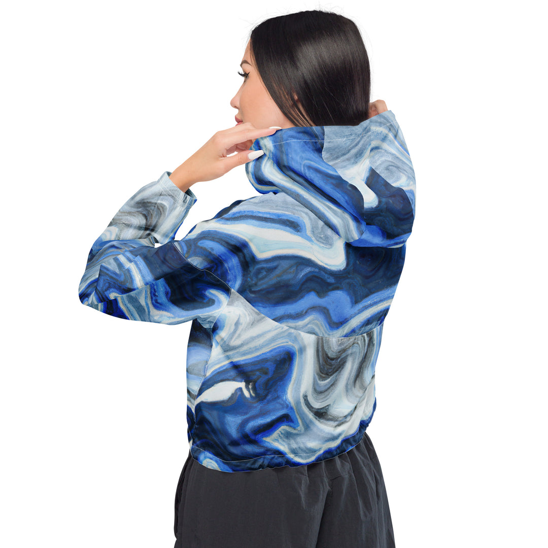 Womens Cropped Windbreaker Jacket, Blue White Grey Marble Pattern