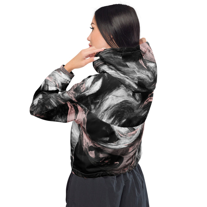 Womens Cropped Windbreaker Jacket, Black Pink White Abstract Pattern