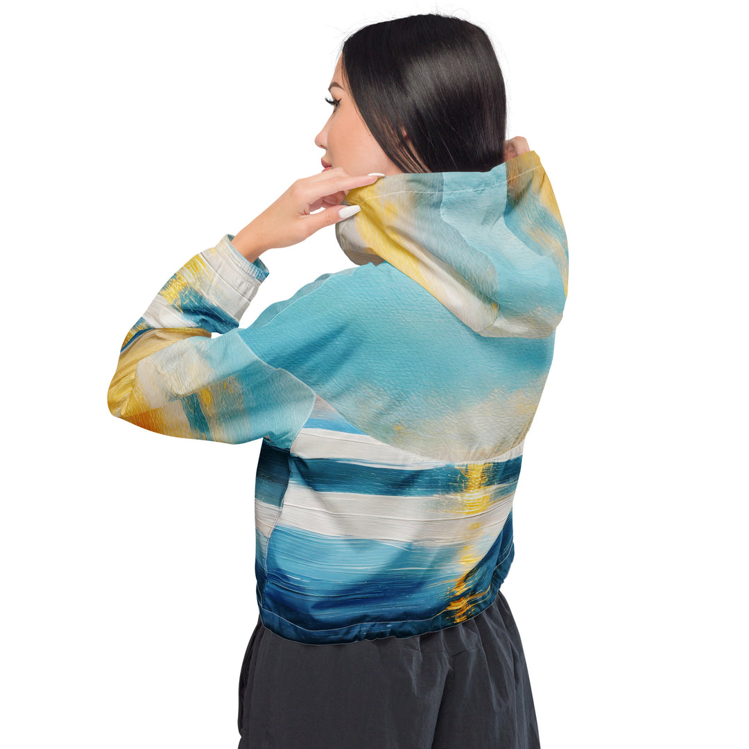 Womens Cropped Windbreaker Jacket, Blue Ocean Golden Sunset Print