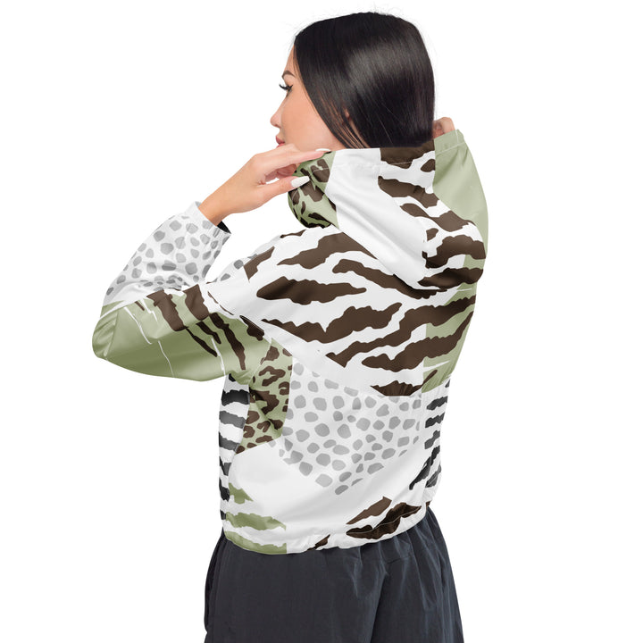 Womens Cropped Windbreaker Jacket, Green Grey Hexagon Pattern