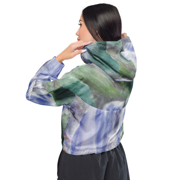 Womens Cropped Windbreaker Jacket, Purple Watercolor Waterfall Green