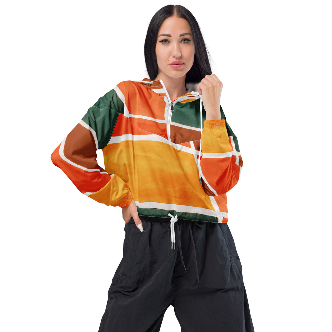 Womens Cropped Windbreaker Jacket, Orange Green Boho Pattern
