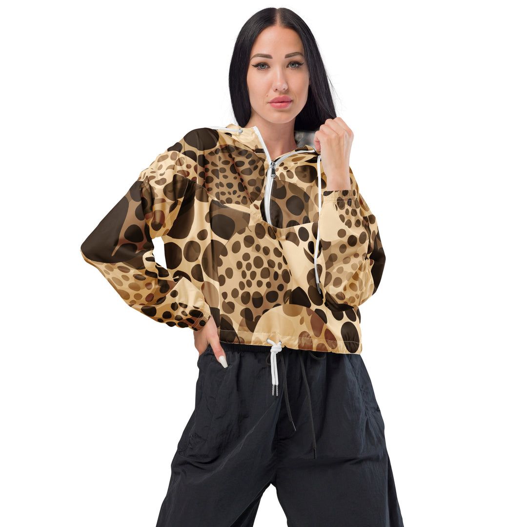 Womens Cropped Windbreaker Jacket, Beige And Brown Leopard Spots