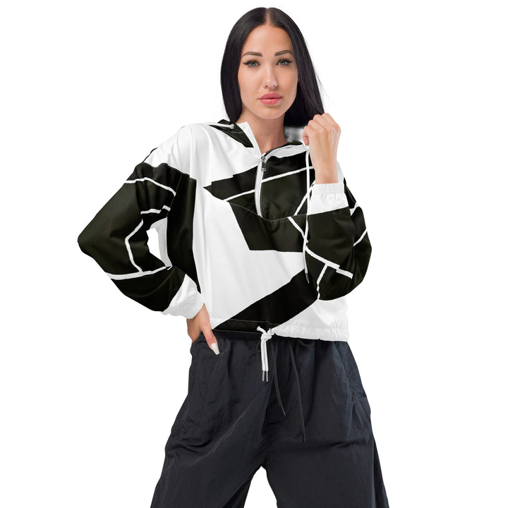 Womens Cropped Windbreaker Jacket, Black And White Geometric Pattern